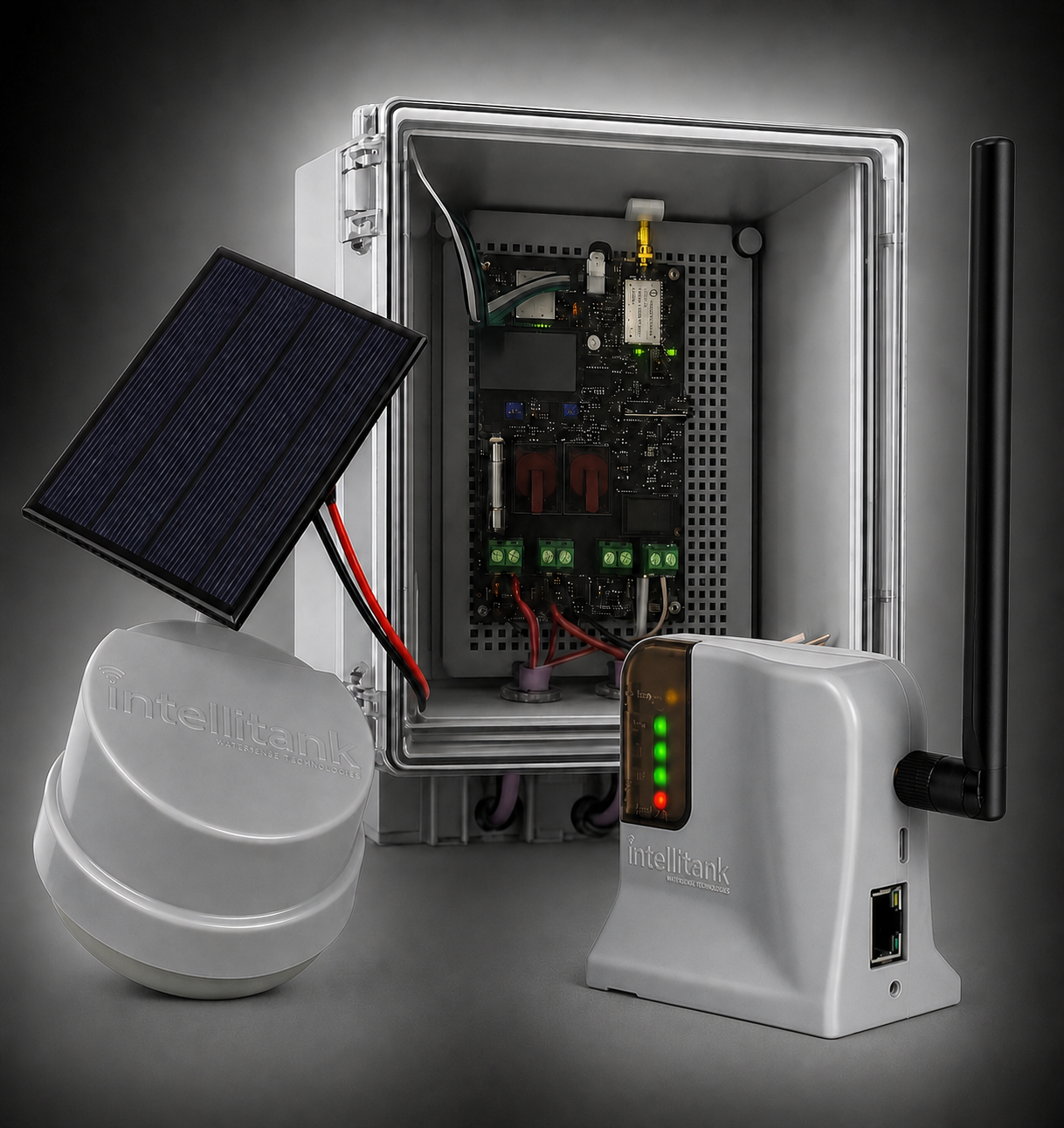 IntelliTank pump control unit, remote tank monitor, antenna, and solar panel
