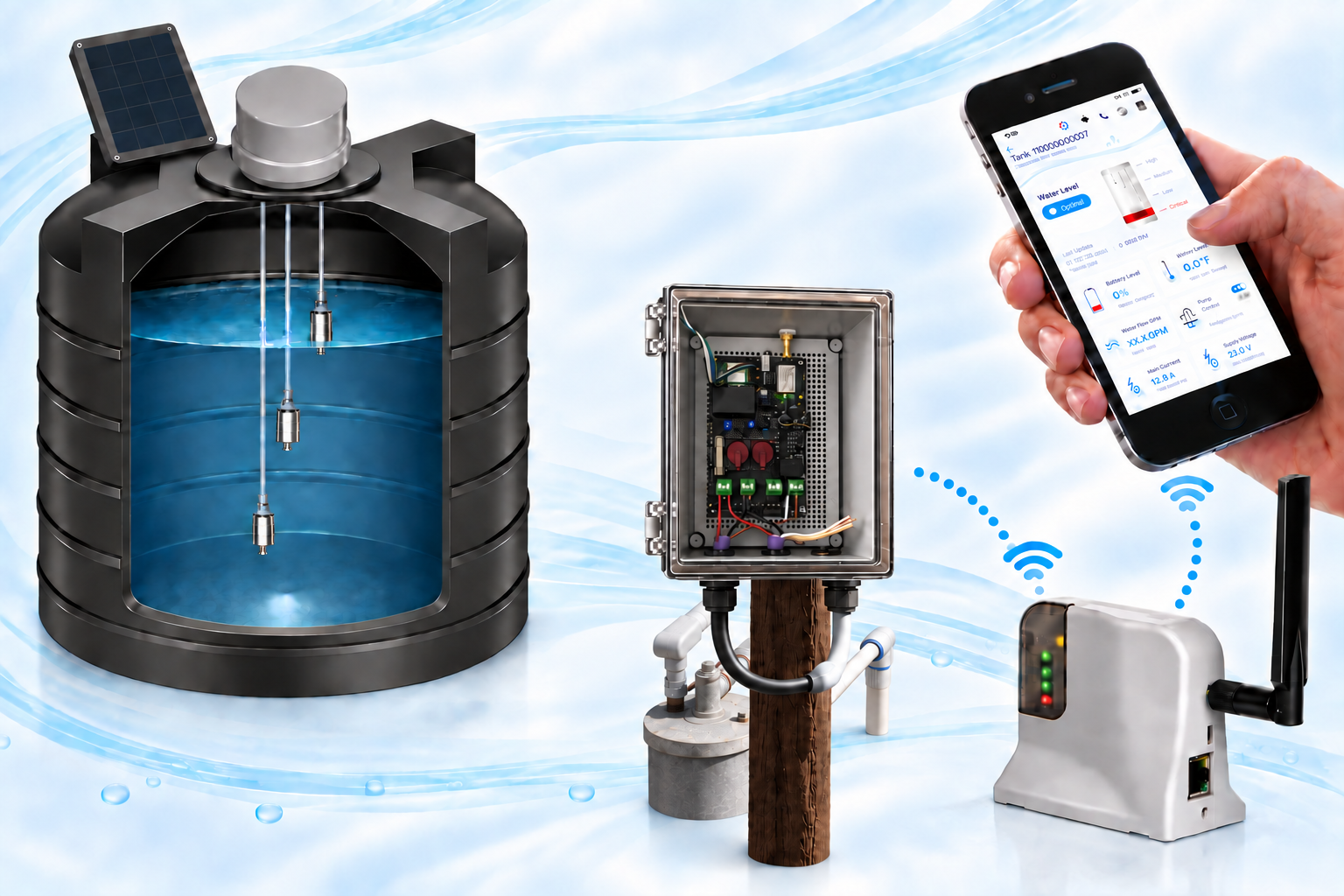 Complete IntelliTank pump-control system with Tank Unit, Pump Control Unit, wellhead, Home Unit, and IntelliTank App