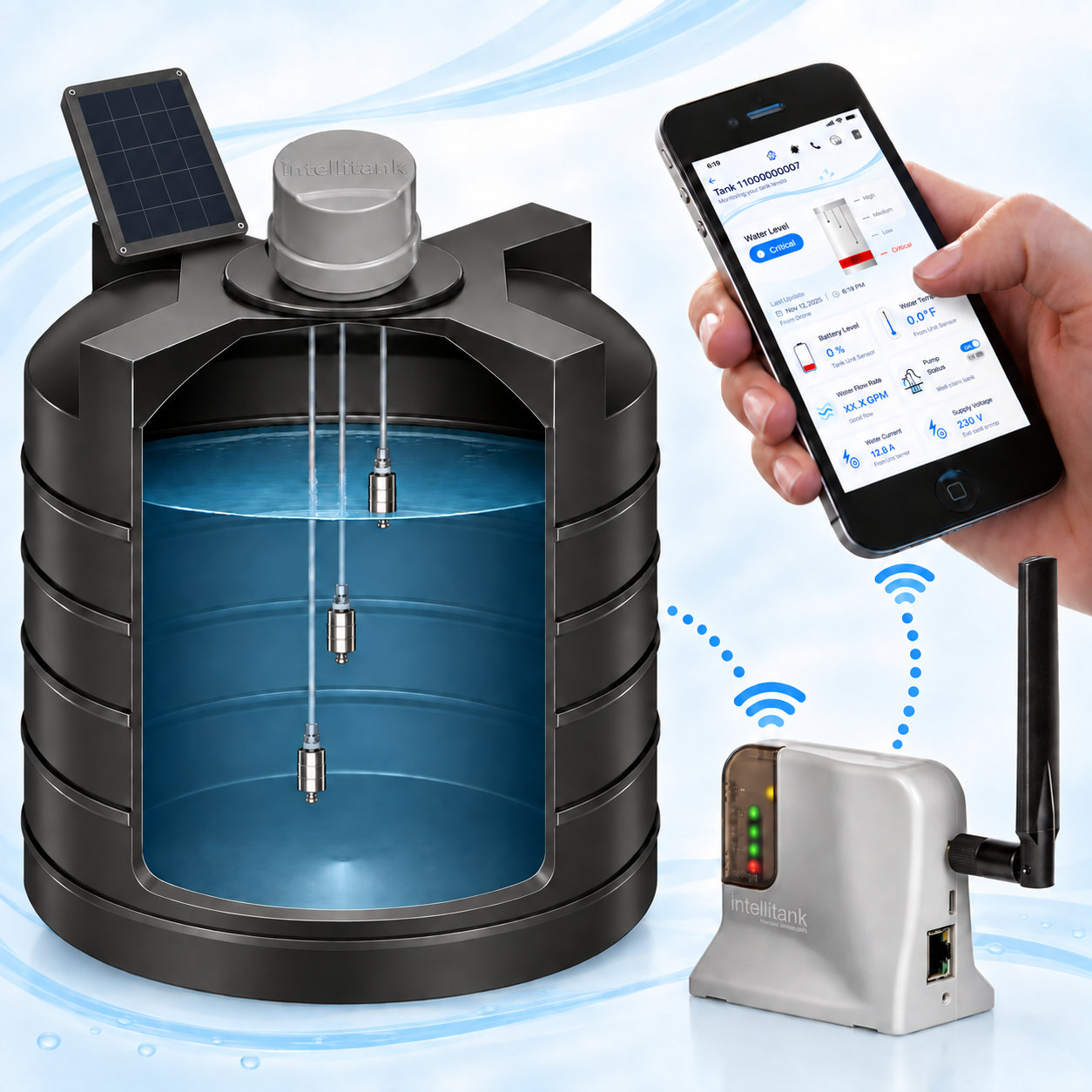 IntelliTank Tank Unit, solar panel, Home Unit, and IntelliTank App