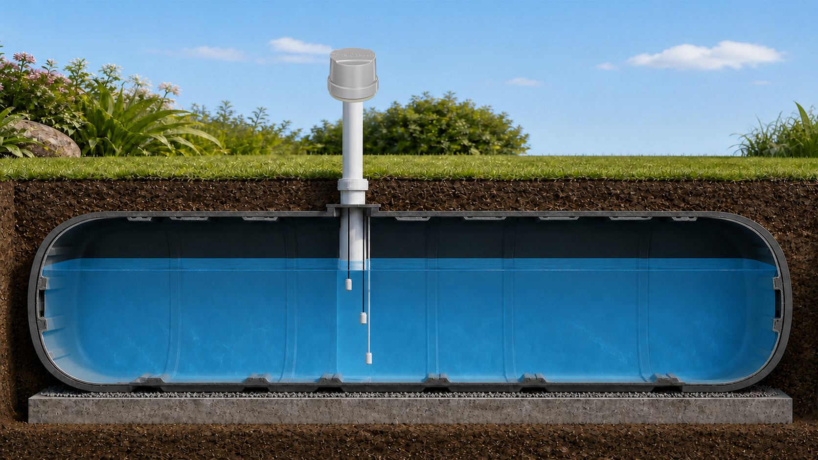 Illustration of an IntelliTank Tank Unit on a vent pipe above an underground cistern with three water-level sensing leads