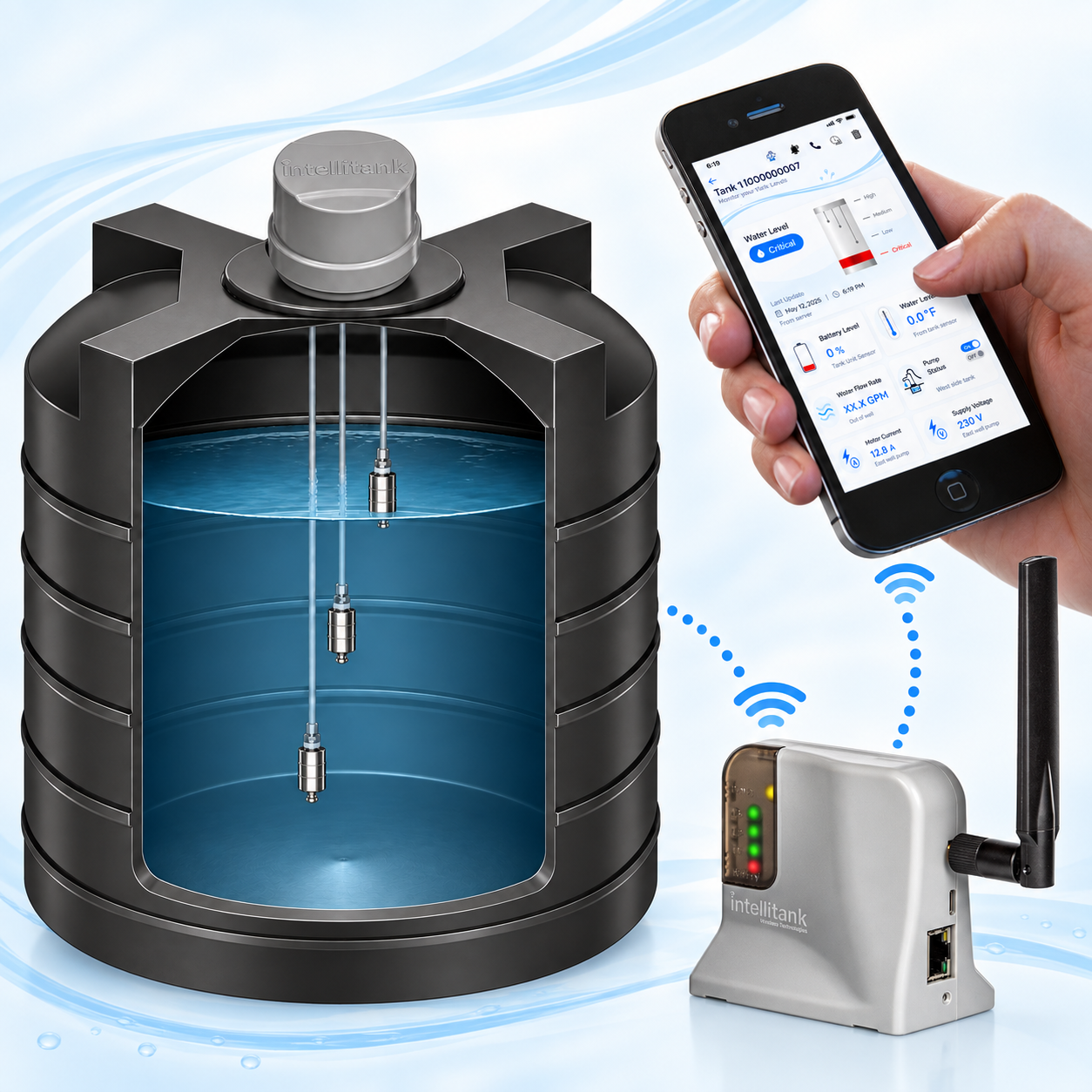 IntelliTank cutaway storage tank, Home Unit, and IntelliTank App shown on a smartphone